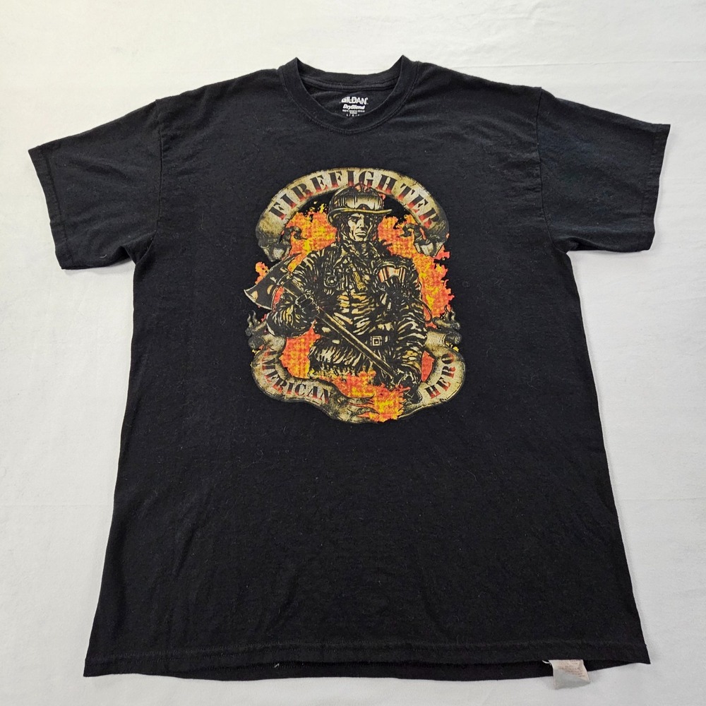 Firefighter American Hero Black Short Sleeve Cotton Blend T-Shirt Men's L